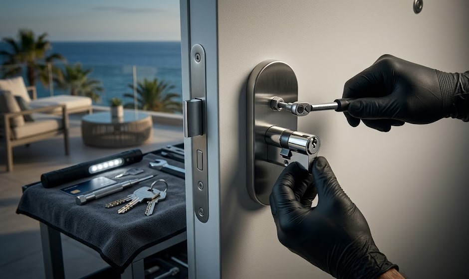 Especialista Cerrajero instalando cerradura anti-bumping en puerta de apartamento de verano en Sant Feliu de Guíxols, Girona